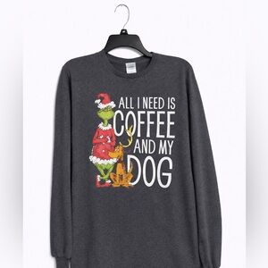 Dr. Seuss Grinch “All I Need Is Coffee & My Dog” Men’s Long Sleeve Tee Medium